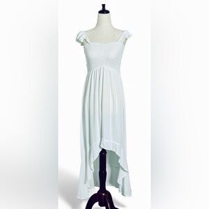 Raviya White Smocked Flowy High-Low White Maxi Dress with Ruffled Skirt, Medium